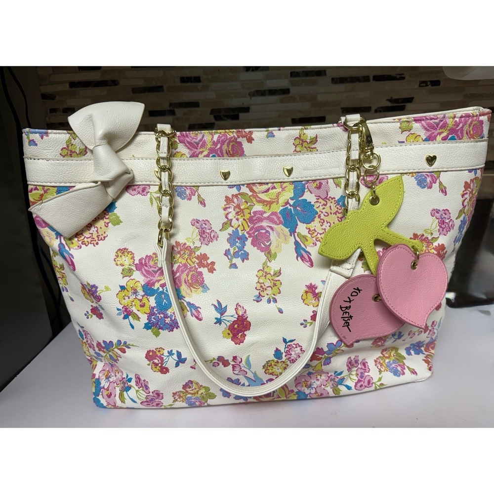 Betsey‎ Johnson Floral Tote Bag Bow Heart Charm Butterfly Purse White Pink